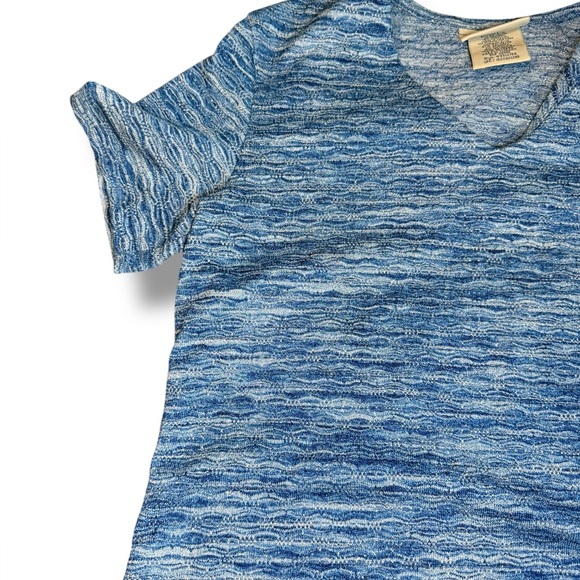 Vintage Knit Top Blue Wave Pattern Short Sleeve V Neck T-Shirt Size L - Picture 2 of 6